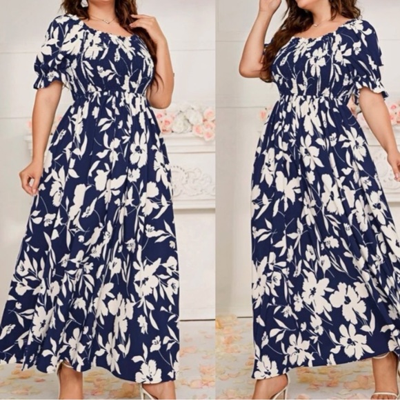 Boho plus floral tropical print puff sleeve maxi dress - Picture 2 of 9